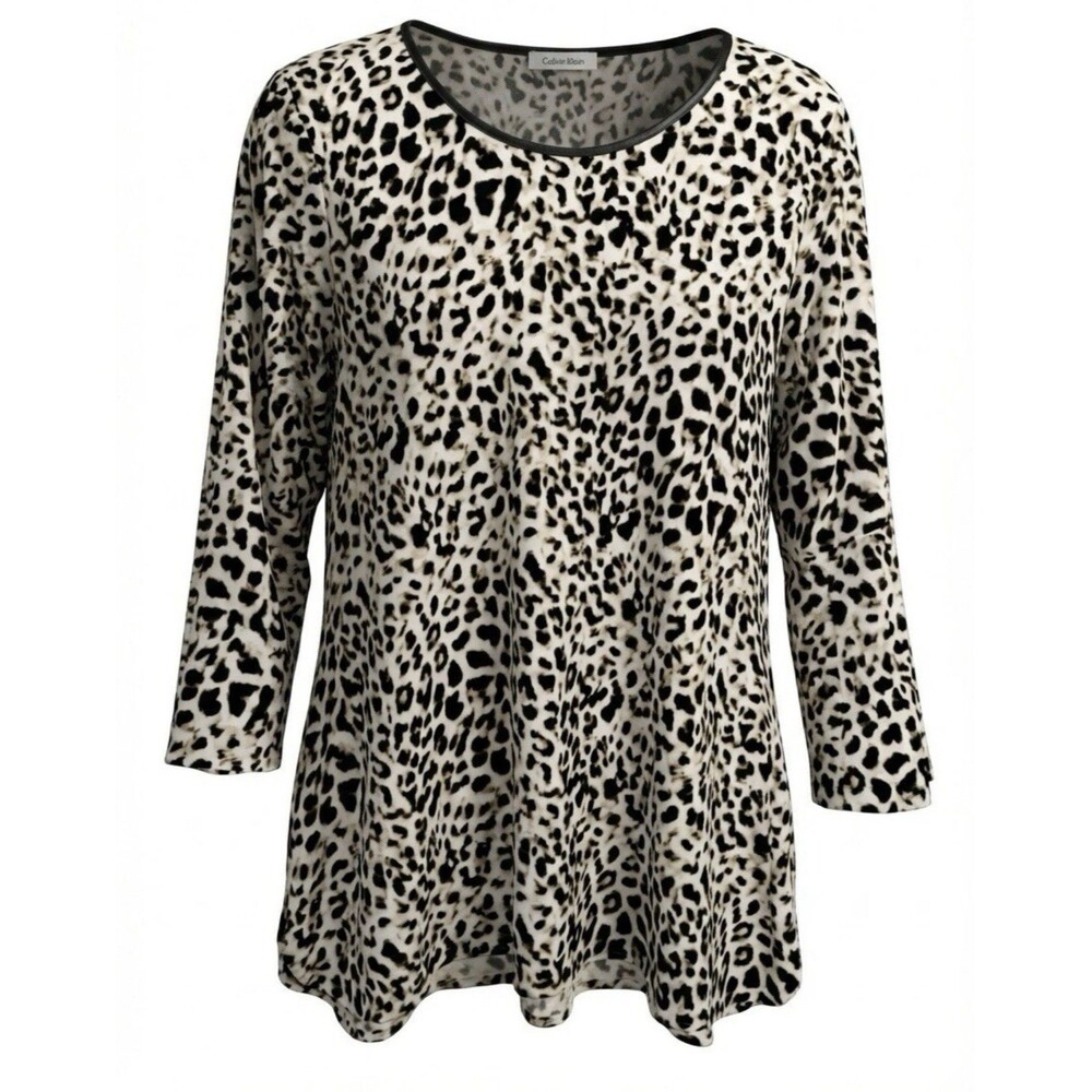 Calvin Klein Liquid Knit Leopard Animal Print 3/4 Bell Sleeve Top Blouse Large